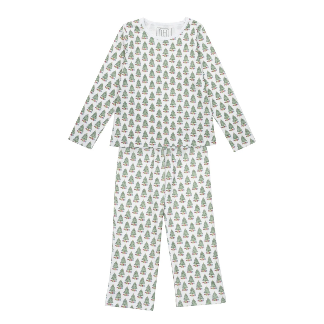 That Store Millie girls' pima cotton long-sleeved pant set with white Christmas tree print and white neck piping.