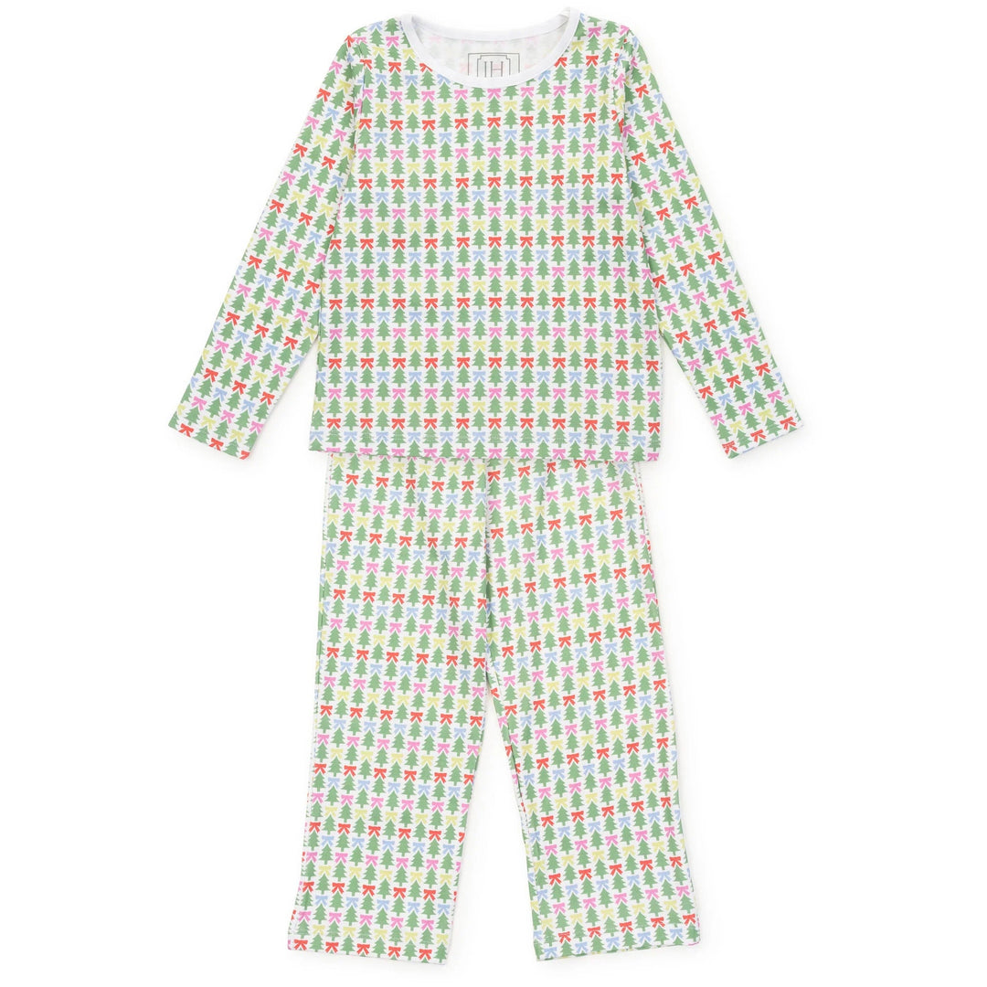 That Store Millie girls' pant set in soft Pima cotton with a festive green Christmas tree and colorful bow print.
