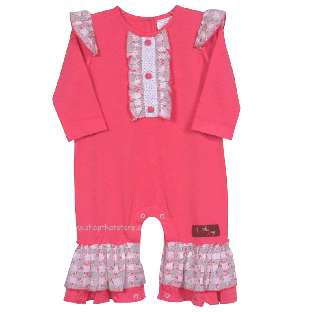 That Store Millie Jay coral cotton romper with floral ruffles, polka dot placket, and angel wing shoulder details.
