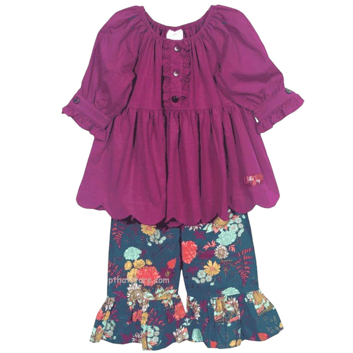 That Store Millie Jay fall floral pant set with a purple peasant top and ruffled floral trousers in 100% cotton.