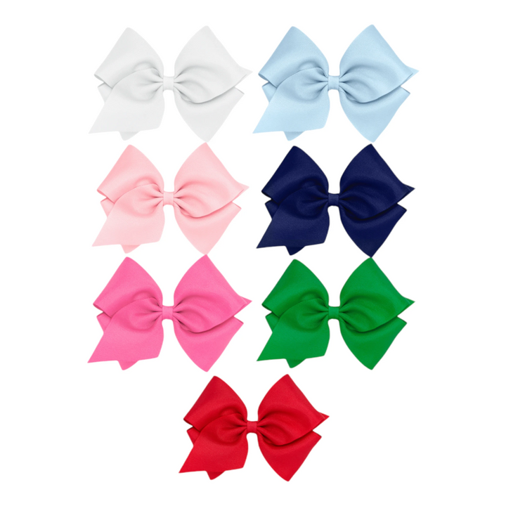 That Store Mini King grosgrain hair bows in white, light blue, pink, navy, hot pink, green, and red with clips.