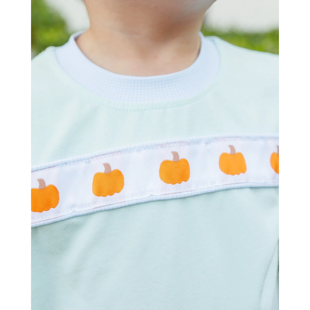 That Store mint and blue cotton blend boys shirt with festive orange pumpkin ribbon detail for fall