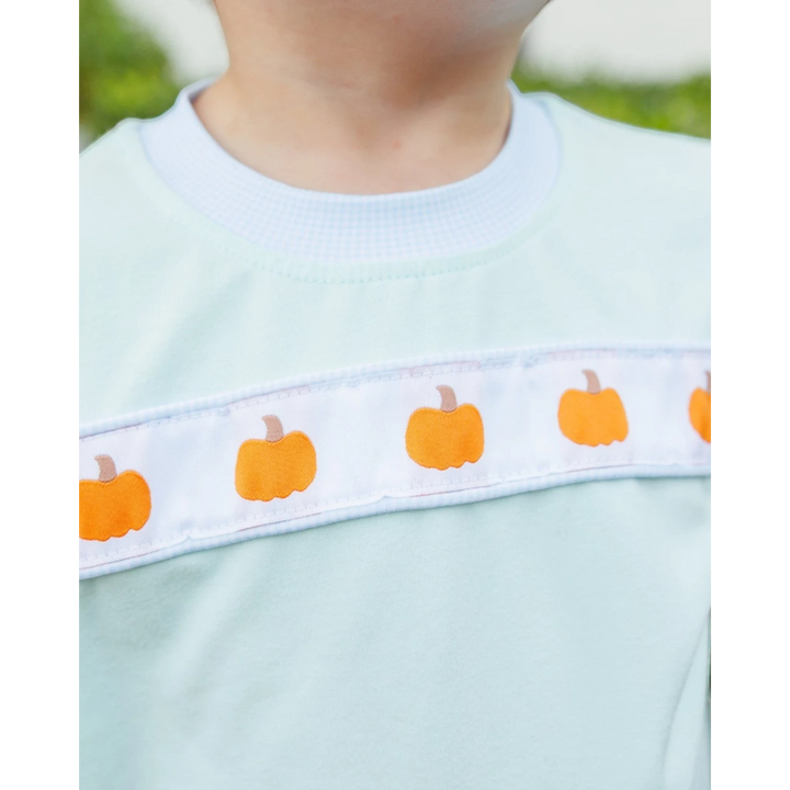 That Store mint and blue cotton blend boys shirt with festive orange pumpkin ribbon detail for fall