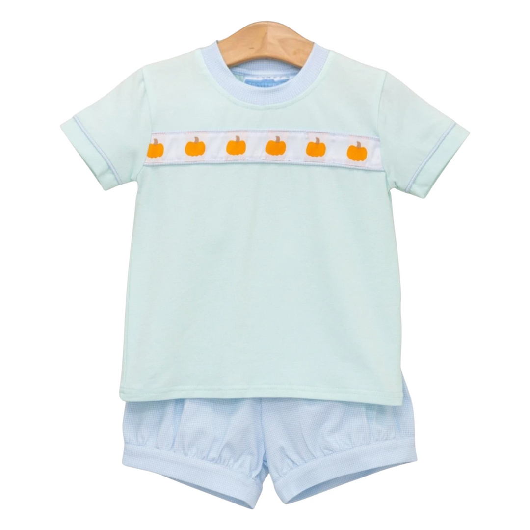 That Store boys mint and blue cotton short set with pumpkin ribbon detail for fall harvest season