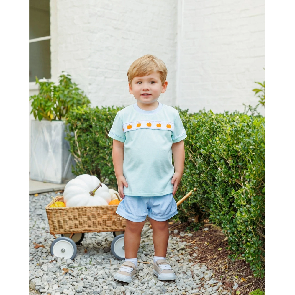 Toddler boy wearing a That Store mint and blue cotton short set with pumpkin ribbon detail in a garden setting