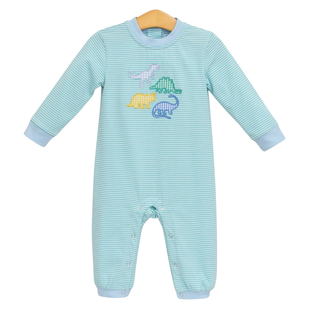 That Store boys romper in mint stripes with a playful dinosaur appliqué, made from soft cotton and spandex blend.