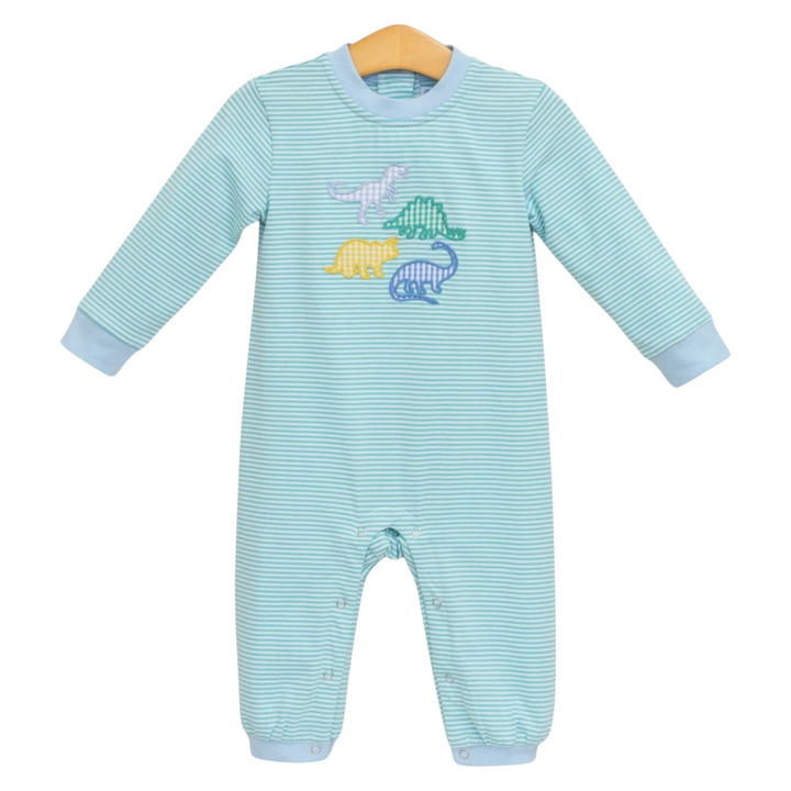 That Store boys romper in mint stripes with a playful dinosaur appliqué, made from soft cotton and spandex blend.