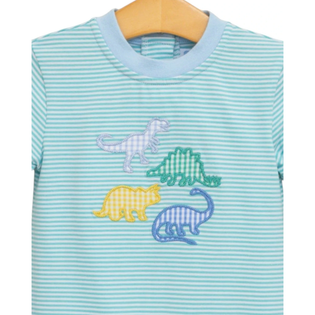 That Store boys romper in mint stripes with colourful gingham dinosaur appliqués made from soft cotton blend fabric.