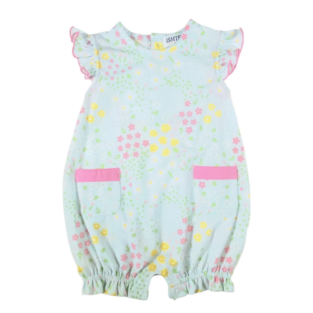 That Store mint green floral bubble romper for girls with pink ruffled sleeves and pocket trim details.
