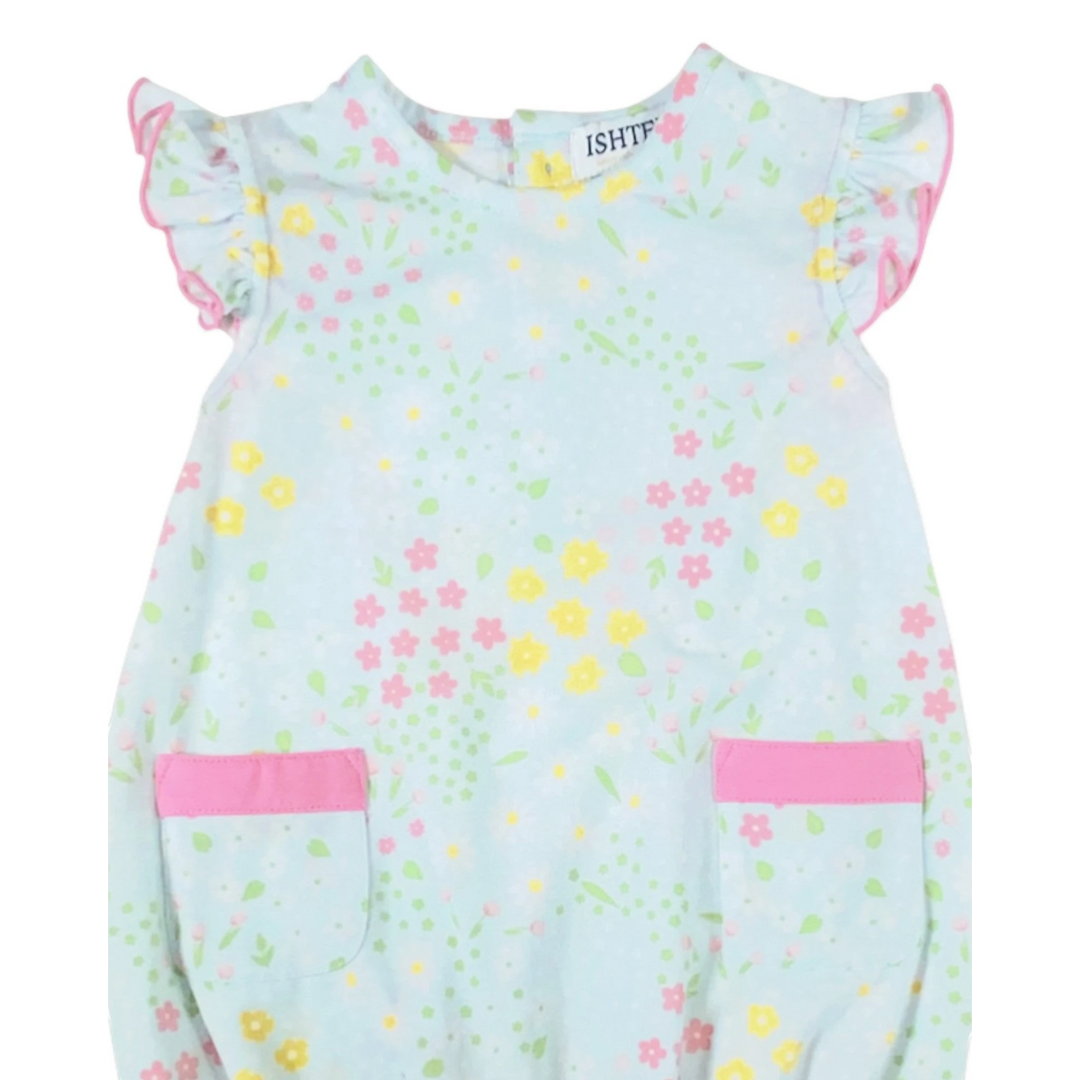 That Store mint floral bubble romper with pink ruffled sleeves and pocket trim for baby girls