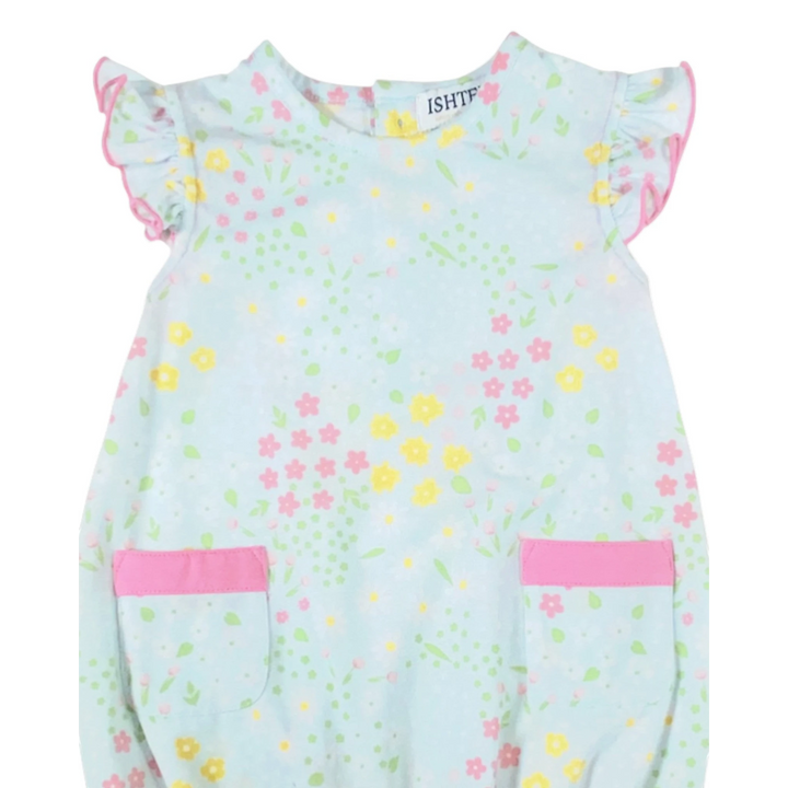 That Store mint floral bubble romper with pink ruffled sleeves and pocket trim for baby girls