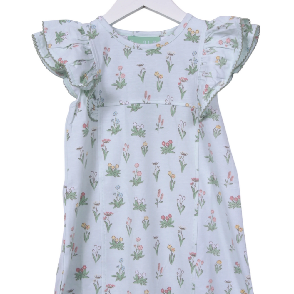 That Store vintage mint green cotton dress with floral print and sweet ruffle angel wing sleeves for girls