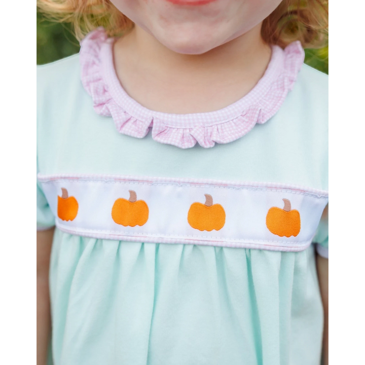 That Store mint and pink cotton bloomer set for girls featuring an embroidered pumpkin ribbon detail on the bodice