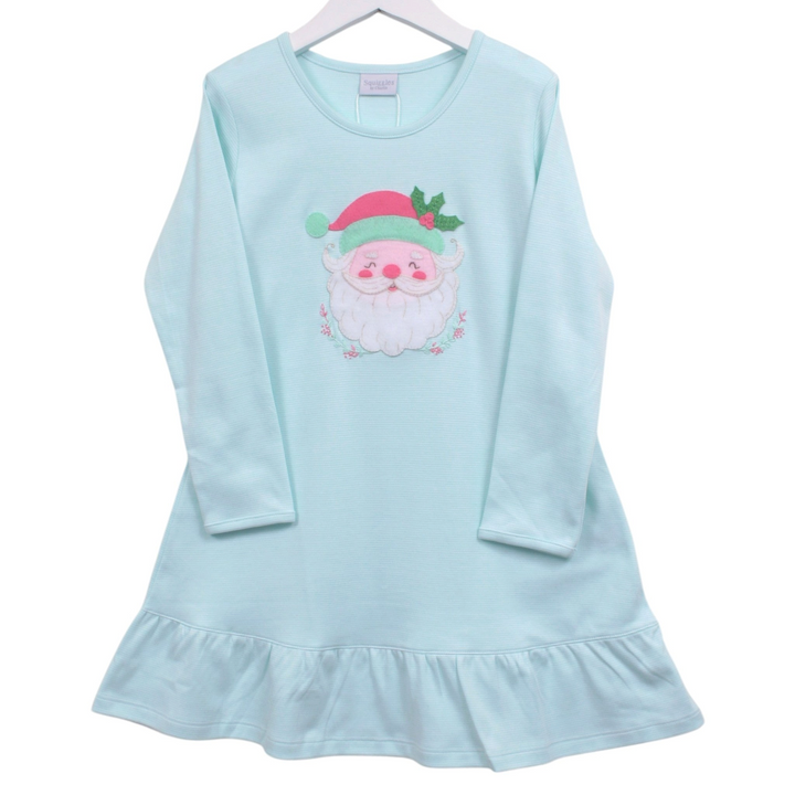 That Store girls mint stripe Pima cotton dress featuring a festive Santa felt appliqué and a ruffled hem.