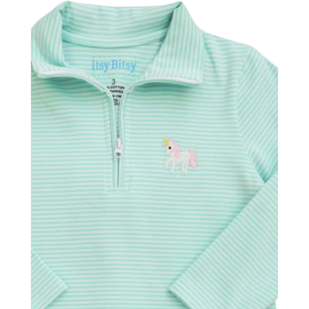 That Store girls mint striped quarter-zip pullover featuring a small embroidered unicorn design on the chest