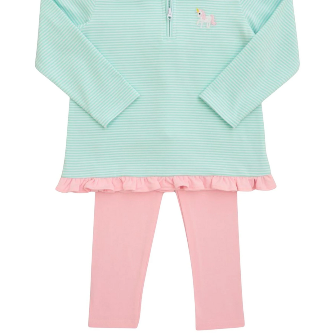 That Store girls mint striped quarter-zip pullover with unicorn embroidery and pink leggings with ruffled hem
