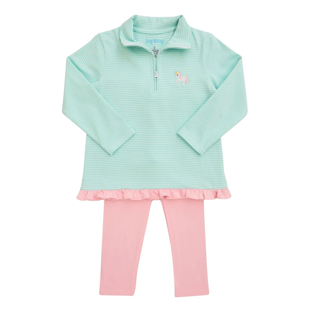 That Store girls mint striped quarter-zip pullover with unicorn embroidery and matching pink leggings set