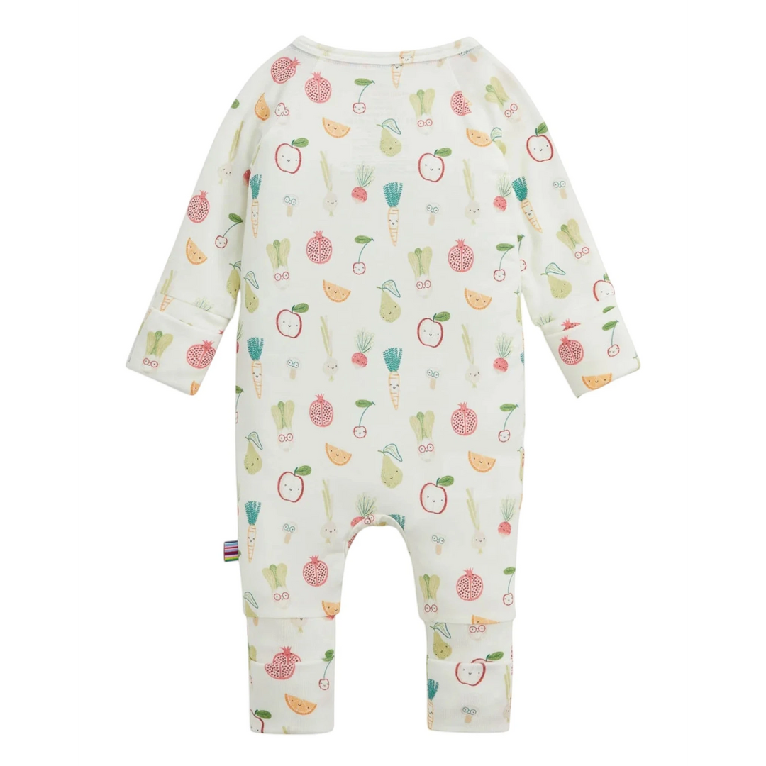 That Store baby coverall in white modal fabric with a colourful fruit and vegetable print and magnetic closures