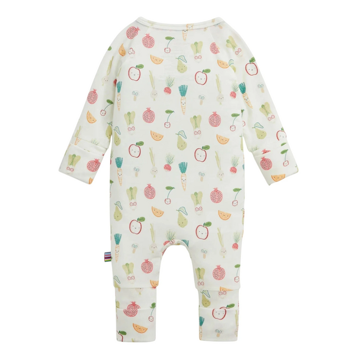 That Store baby coverall in white modal fabric with a colourful fruit and vegetable print and magnetic closures