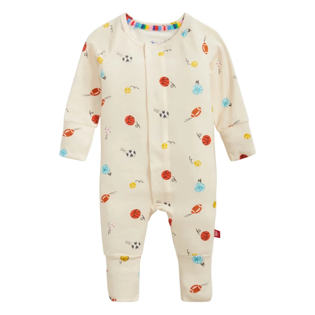 That Store Little Baller modal convertible coverall in cream with colorful sports ball print and magnetic closures