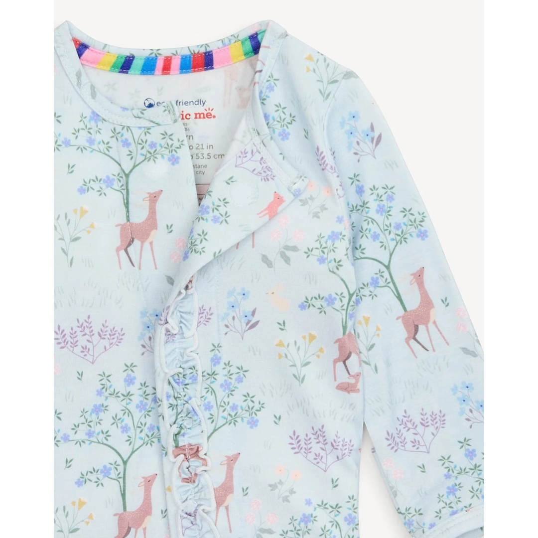 That Store Love You Deerly modal baby footie in light blue with deer and floral print and ruffle trim detail