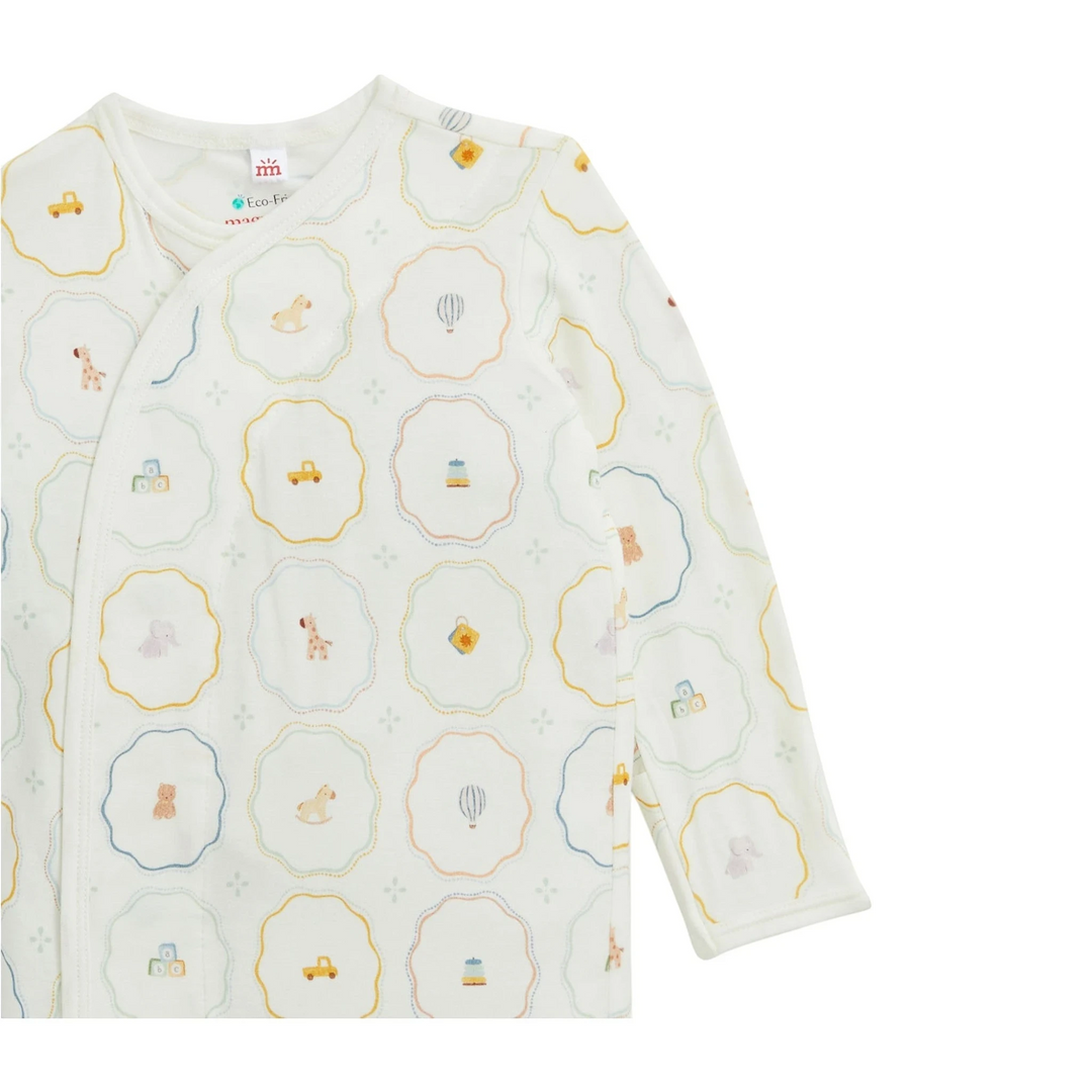 That Store modal magnetic baby gown in white with a colorful toy and hot air balloon print featuring mitten cuffs