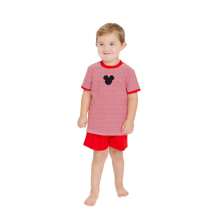 Toddler wearing a That Store red and white striped short set with a black mouse applique on the cotton t-shirt.