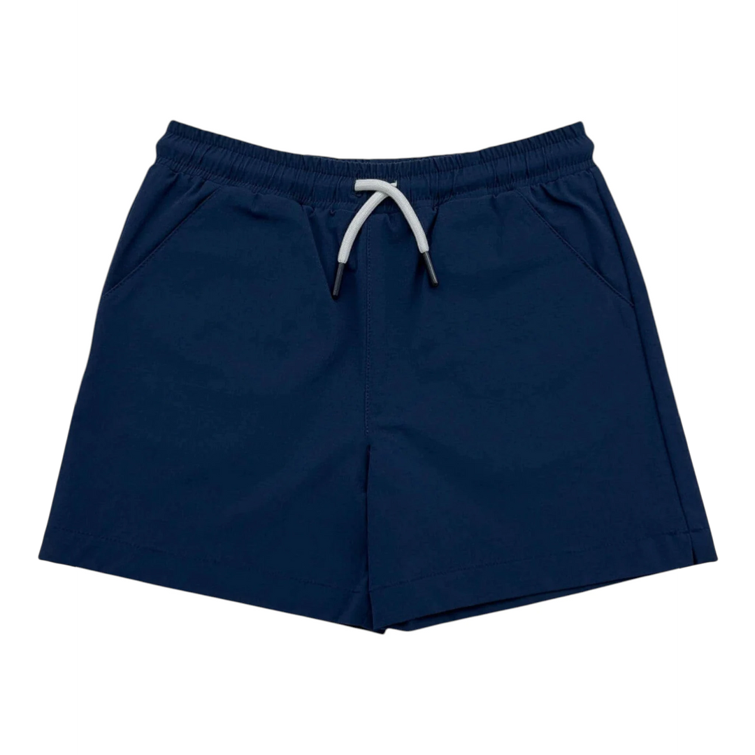 That Store navy boys performance shorts with elastic drawstring waist and moisture-wicking nylon spandex fabric