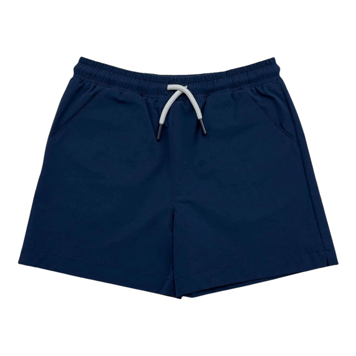 That Store navy boys performance shorts with elastic drawstring waist and moisture-wicking nylon spandex fabric