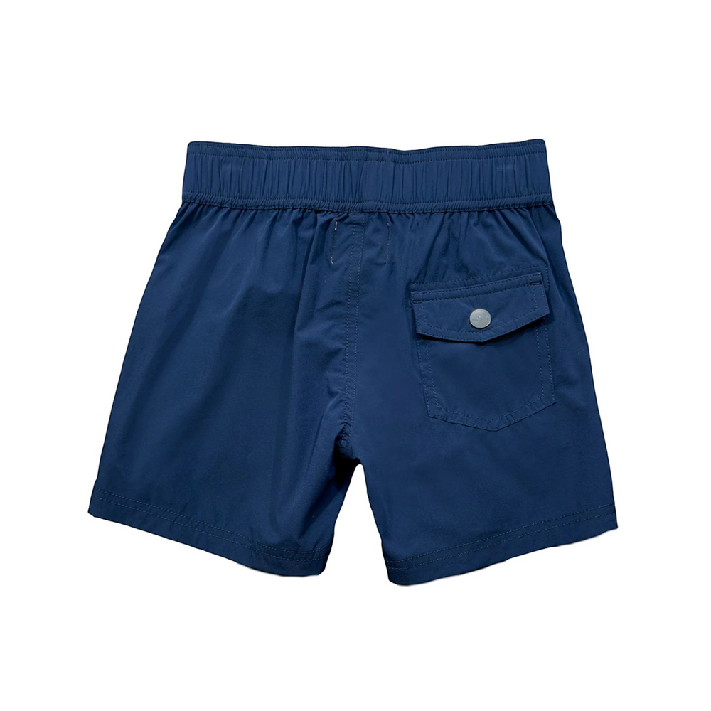 That Store navy boys performance shorts with elastic waistband and back pocket, made from quick-dry stretch fabric.