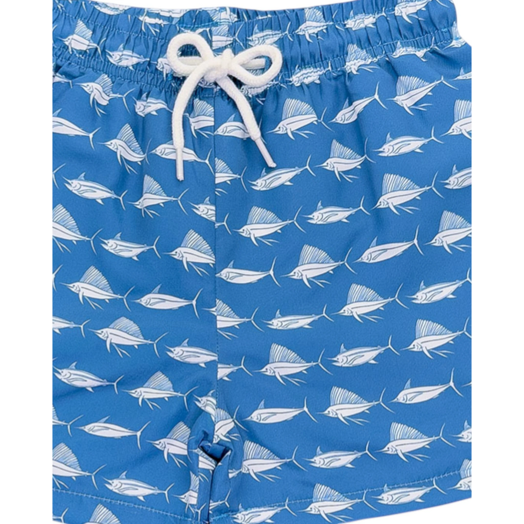 That Store Saint Simons swim trunks in navy blue with a white fish print, featuring an elastic waist and rope tie.