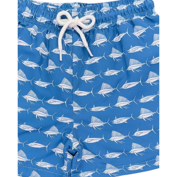 That Store Saint Simons swim trunks in navy blue with a white fish print, featuring an elastic waist and rope tie.