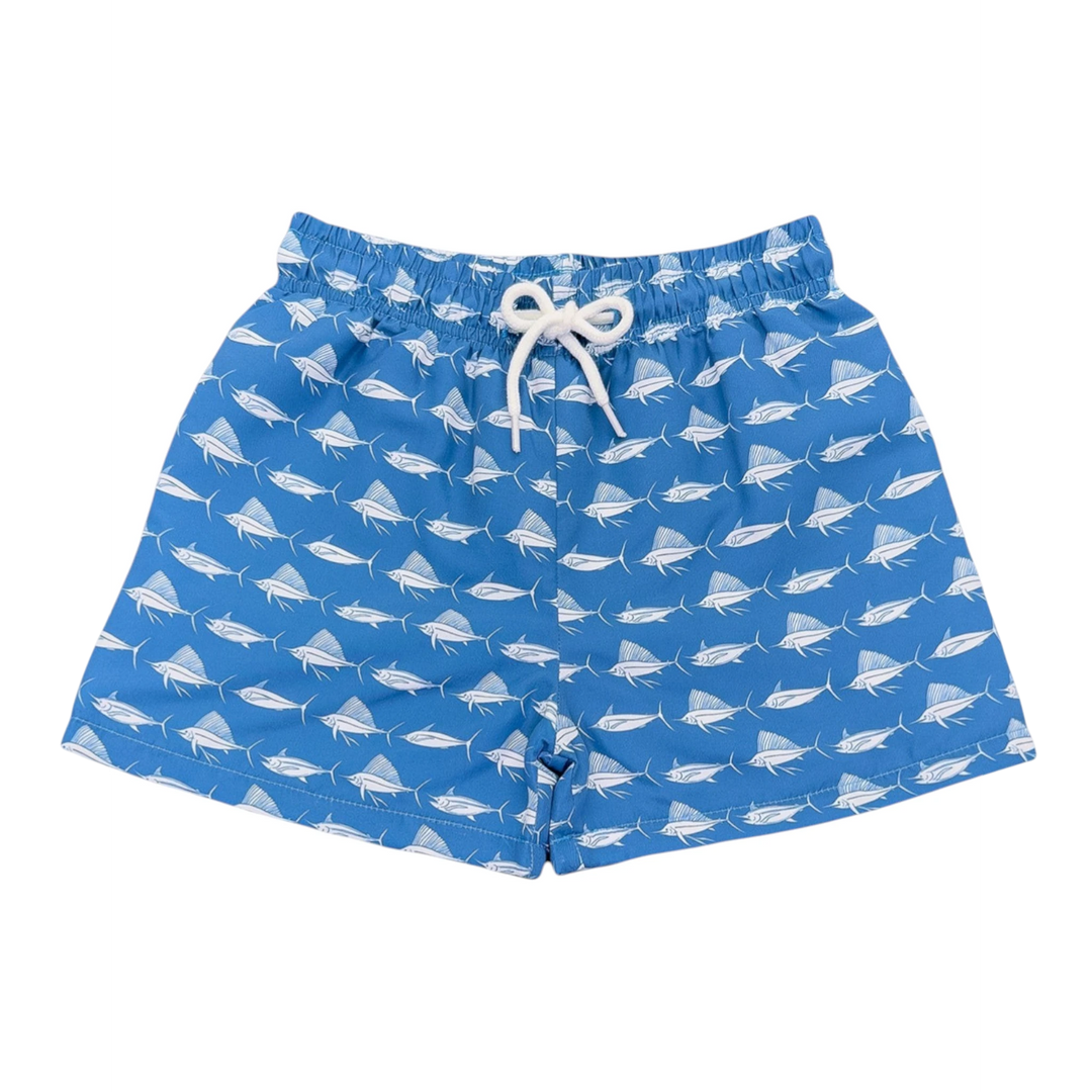 That Store navy blue boys swim trunks with white fish print, elastic waistband, and white rope tie