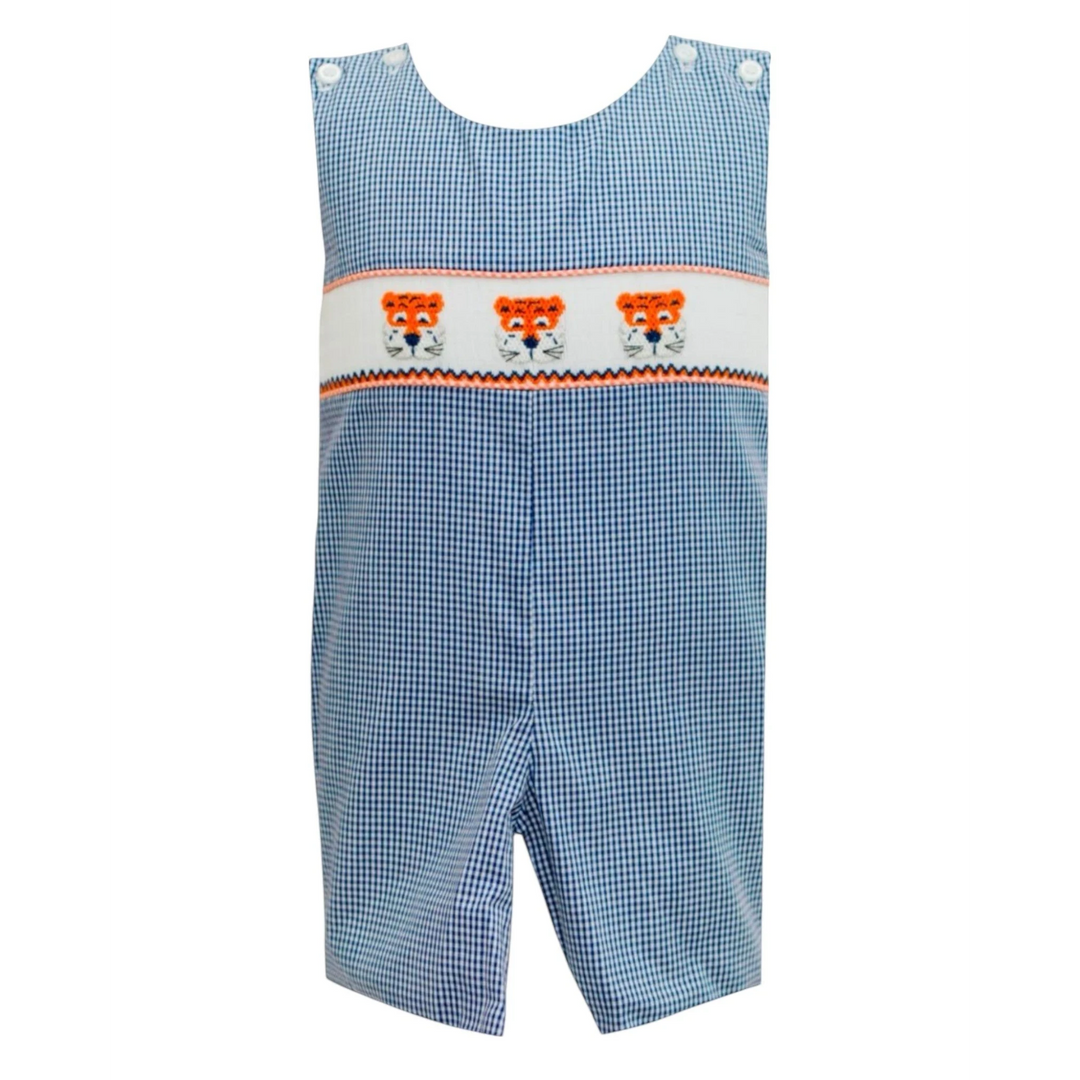 That Store navy and white gingham boys jon jon featuring smocked tiger embroidery and orange trim details
