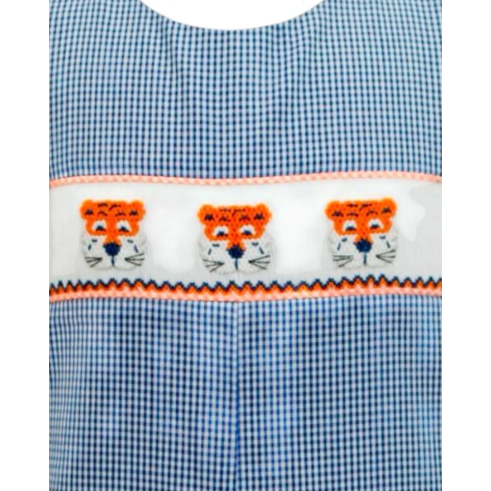 That Store navy and white gingham boys jon jon with orange tiger smocked embroidery detail