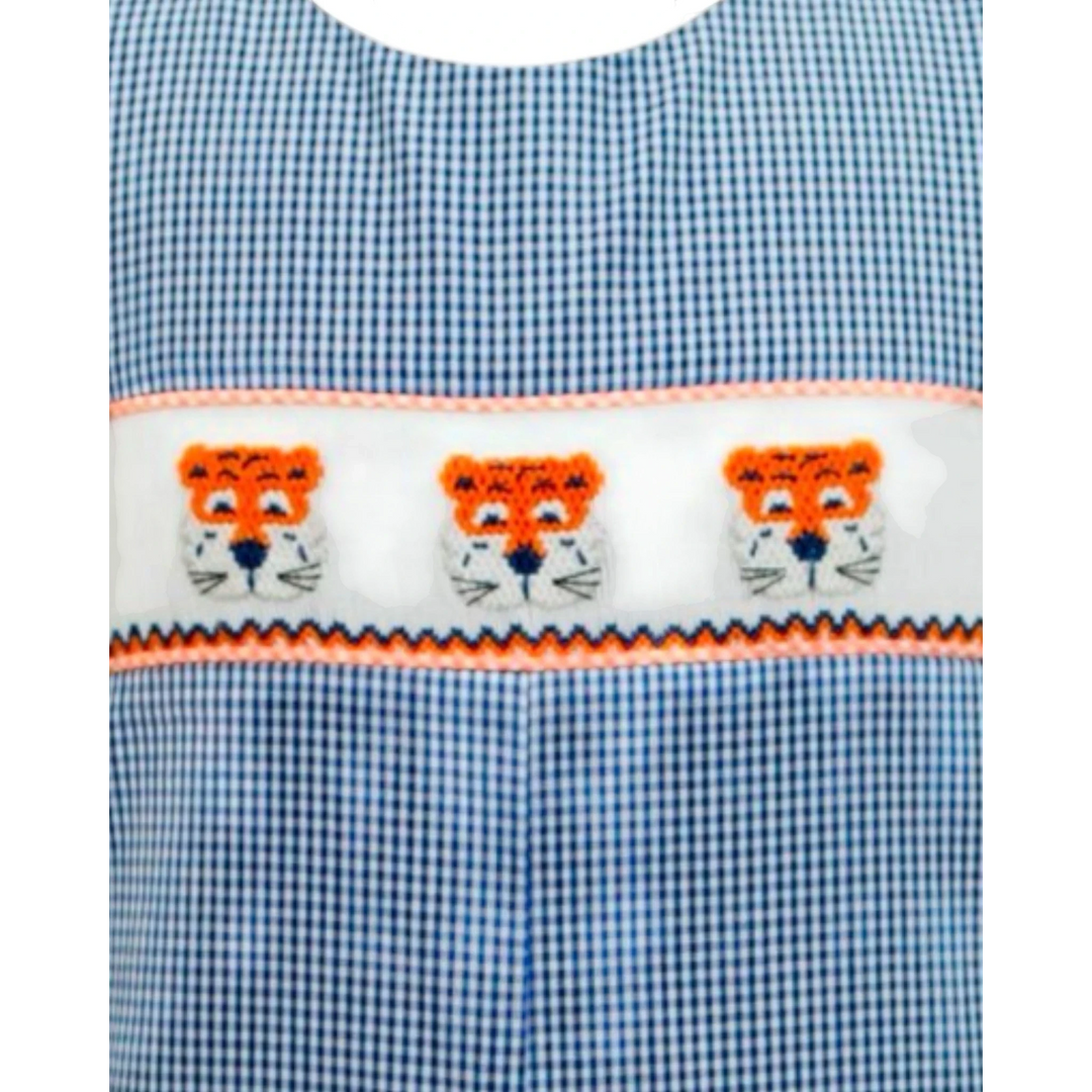 That Store navy and white gingham boys jon jon with orange tiger smocked embroidery detail