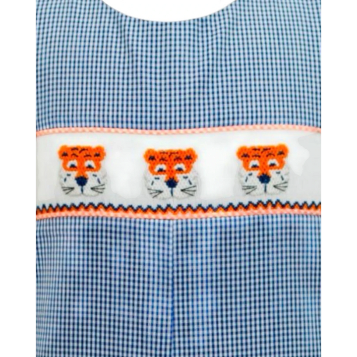 That Store navy and white gingham boys jon jon with orange tiger smocked embroidery detail