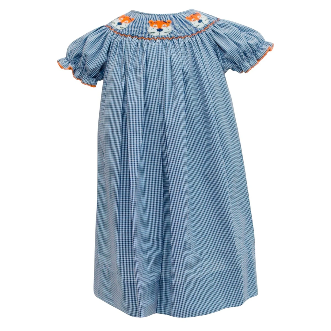 That Store navy and white gingham smock dress featuring embroidered tiger faces and orange ruffled sleeves