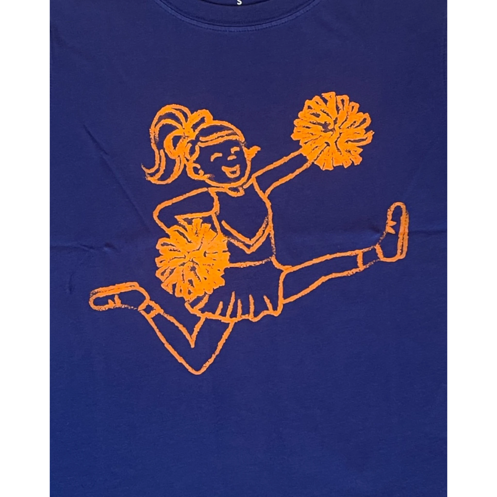 That Store navy blue cotton t-shirt with an orange graphic of a cheerleader jumping with pom-poms for game day.