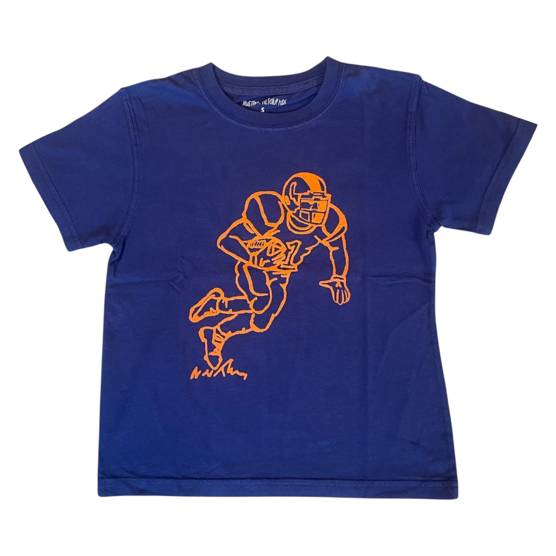 That Store navy blue cotton boys t-shirt featuring an orange graphic of a football player running with the ball.