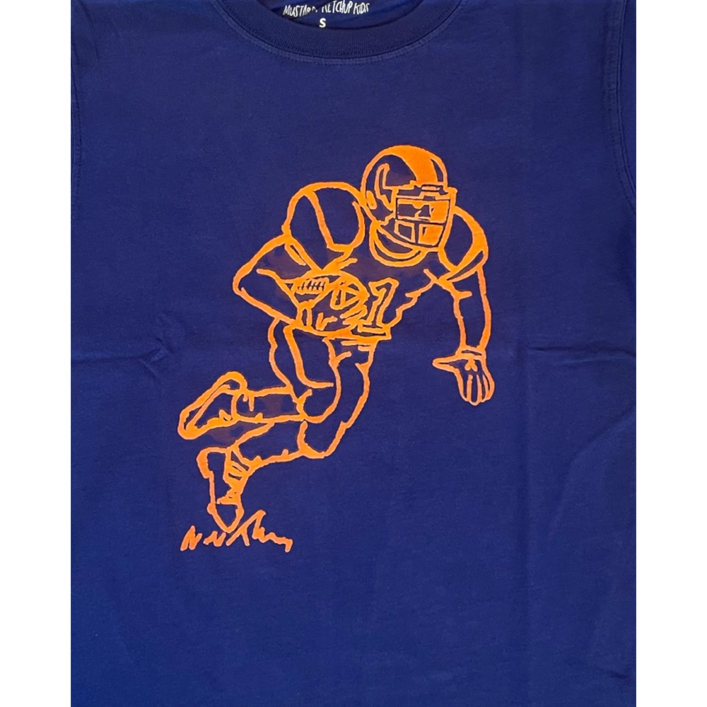 That Store navy blue cotton boys t-shirt featuring an orange outline graphic of a football player in action