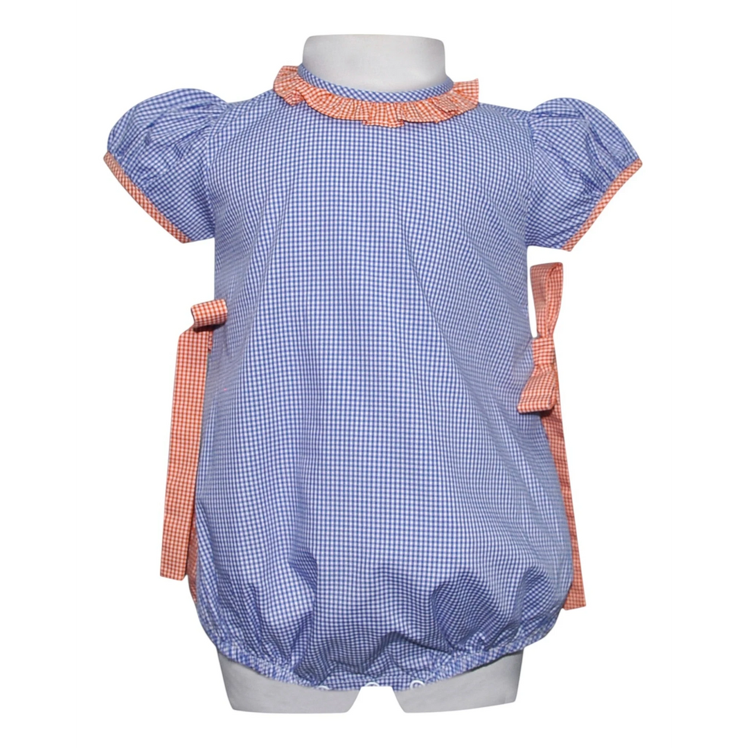 That Store navy and orange gingham bubble romper for girls with ruffled collar and side tie detail