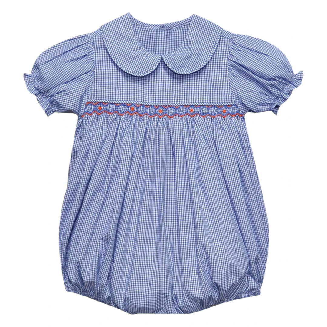 That Store girls navy and orange gingham smocked bubble with peter pan collar and puff sleeves