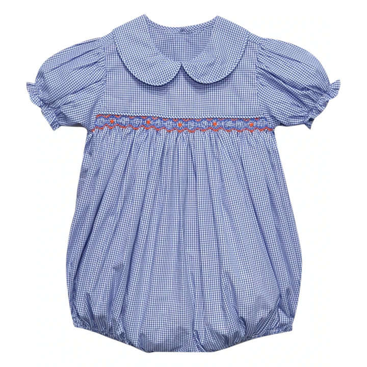 That Store girls navy and orange gingham smocked bubble with peter pan collar and puff sleeves