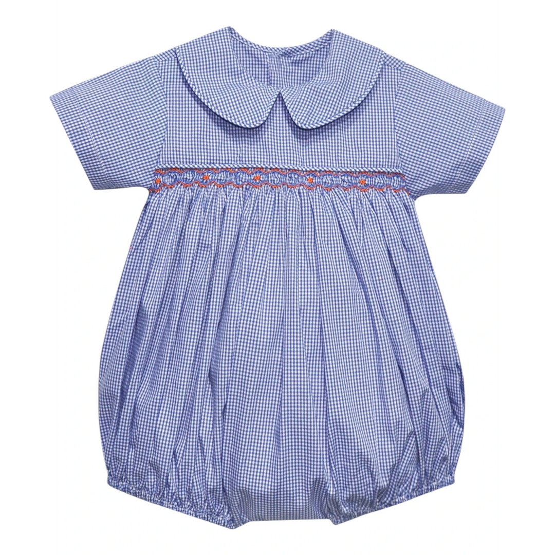 That Store boys navy and orange gingham smocked bubble with a peter pan collar and short sleeves.