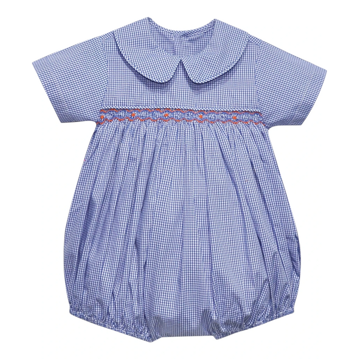 That Store boys navy and orange gingham smocked bubble with a peter pan collar and short sleeves.