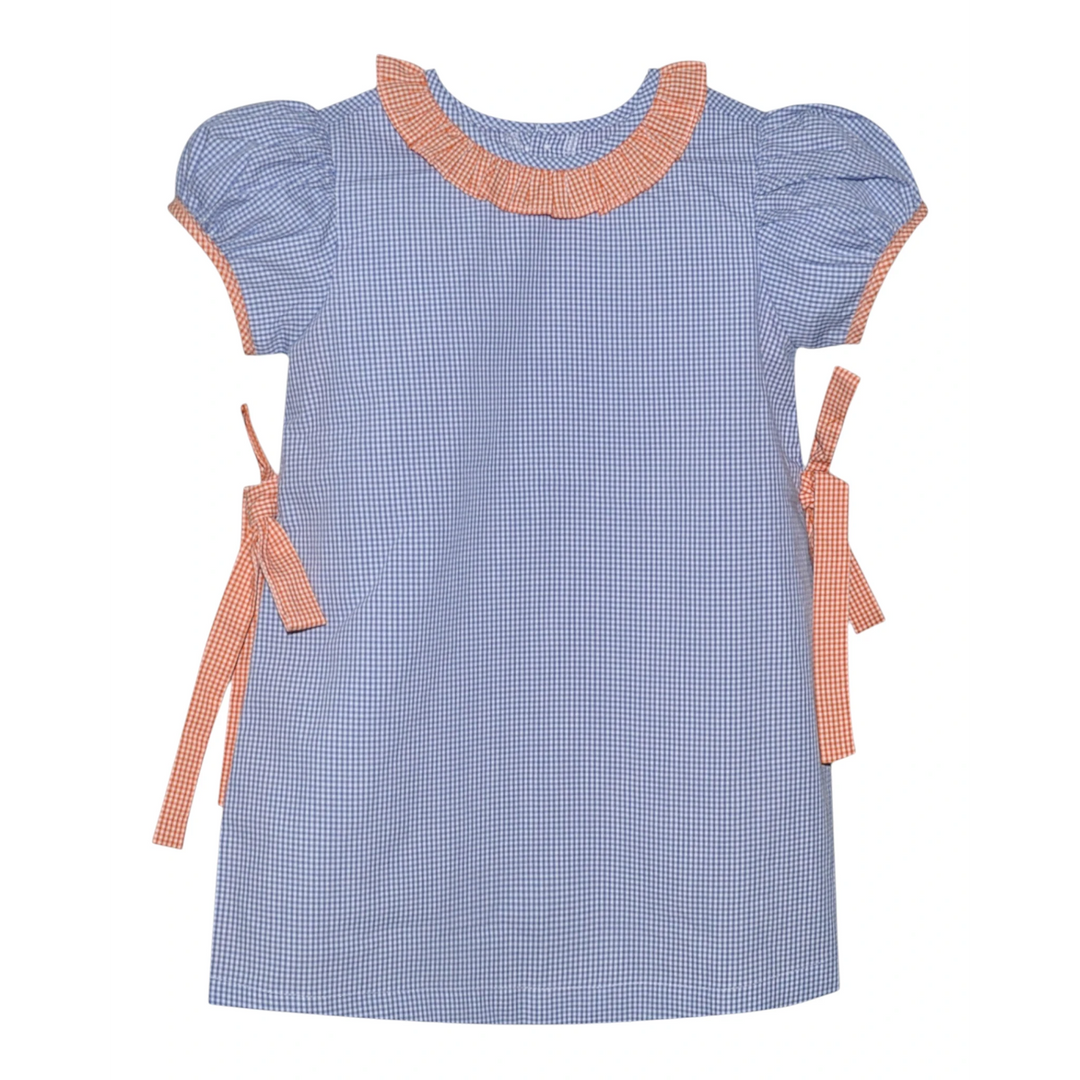 That Store navy and orange gingham dress with puff sleeves, ruffled collar, and side tie details in cotton blend.