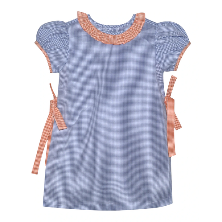 That Store navy and orange gingham dress with puff sleeves, ruffled collar, and side tie details in cotton blend.