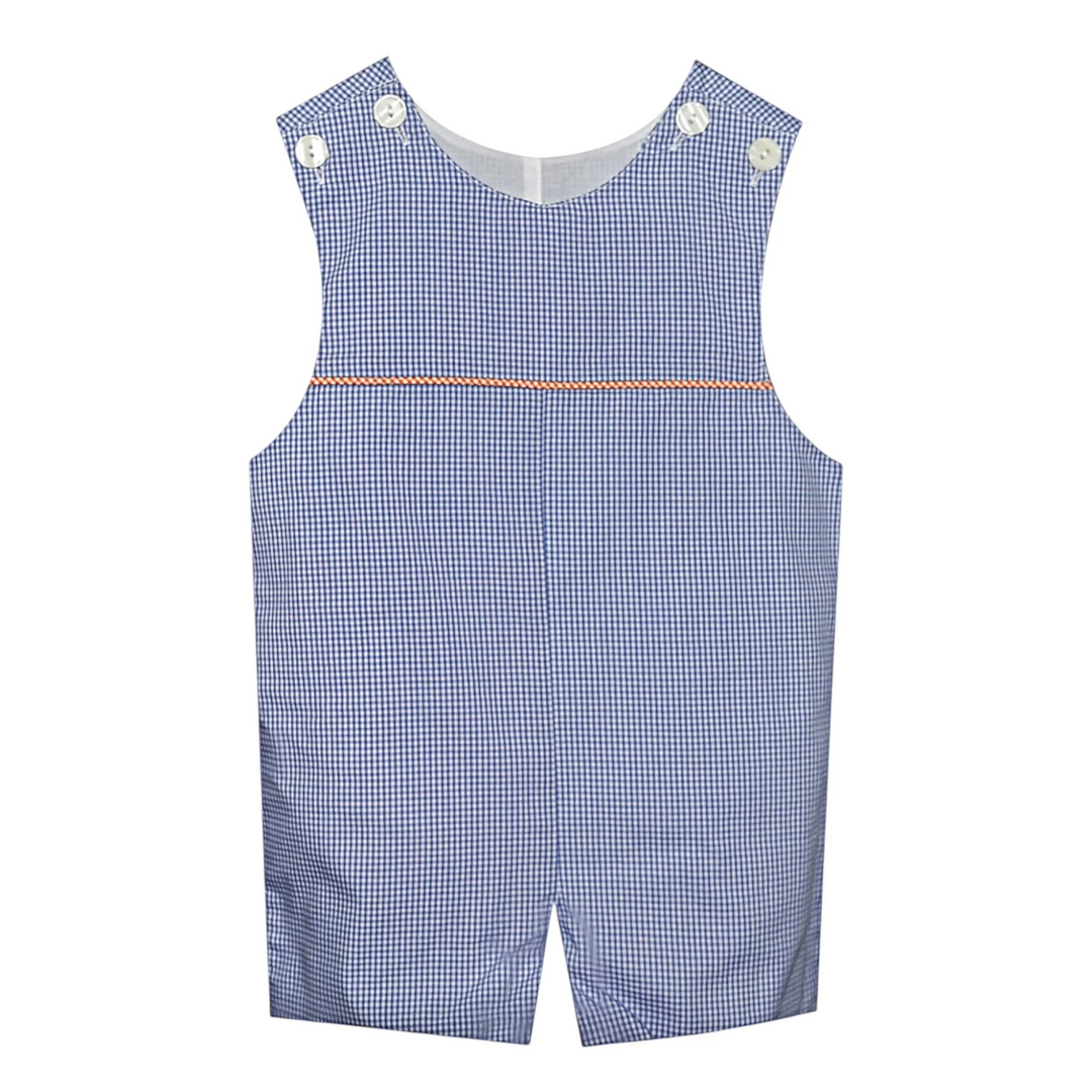 That Store navy and orange gingham boys shortall with button shoulder straps and a classic jon jon silhouette.