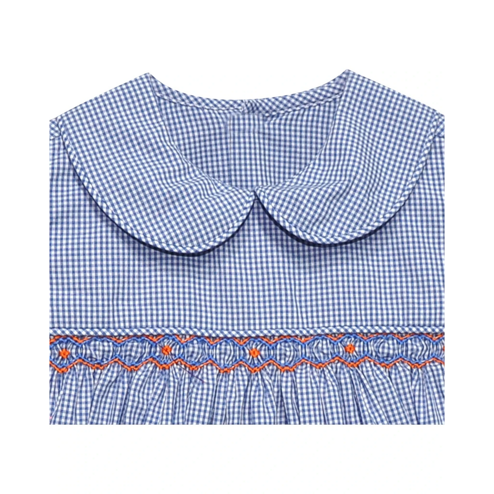That Store navy and orange gingham smocked dress with a peter pan collar and geometric embroidery detail
